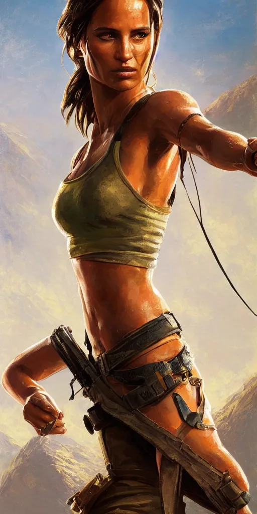 Image similar to Alicia Vikander as Lara Croft (tomb raider, 1996), full body portrait by Karol Bak, Syd Mead and Raphael Lacoste, rich colors, digital art