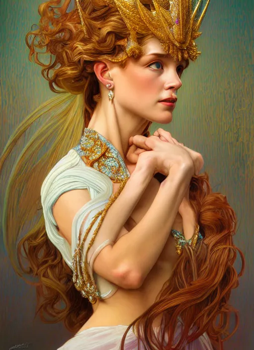 Prompt: oil portrait of princess celestia, intricate, elegant, highly detailed, lighting, painting, artstation, smooth, illustration, art by greg rutowski and alphonse mucha