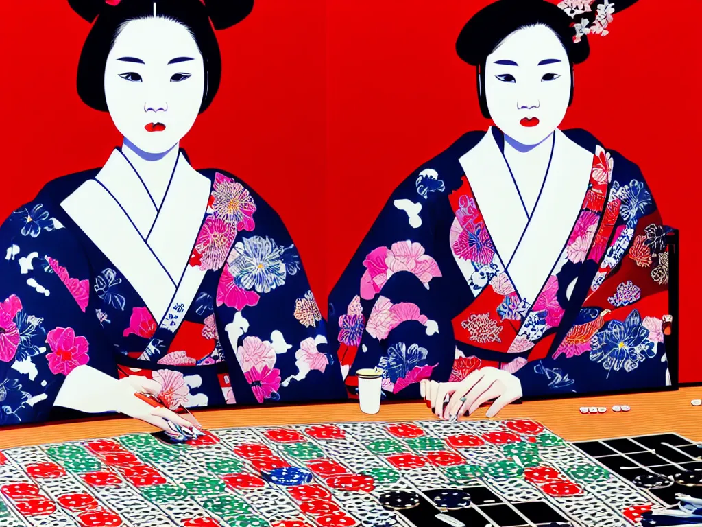 Image similar to hyperrealistic composition of the detailed woman in a japanese kimono sitting at a extremely detailed poker table with detailed darth vader, fireworks, mount fuji on the background, pop - art style, jacky tsai style, andy warhol style, acrylic on canvas