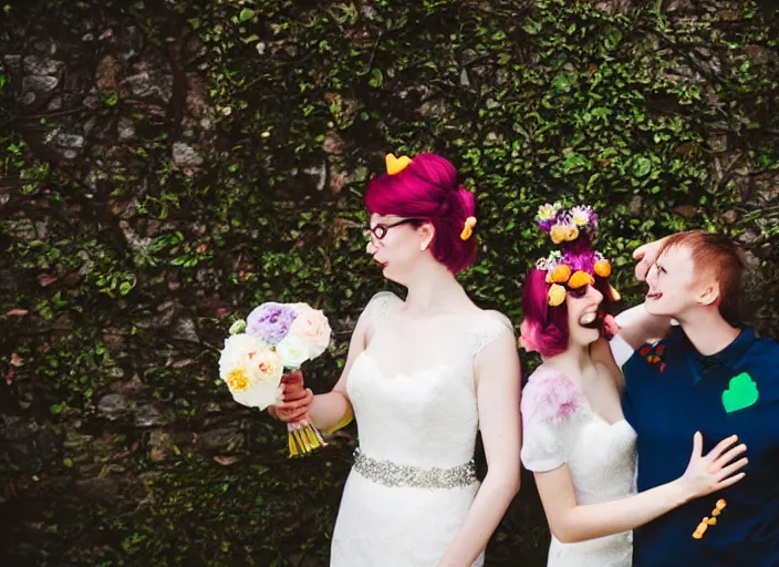 Image similar to care bear themed wedding, professional photography, nerd marriage