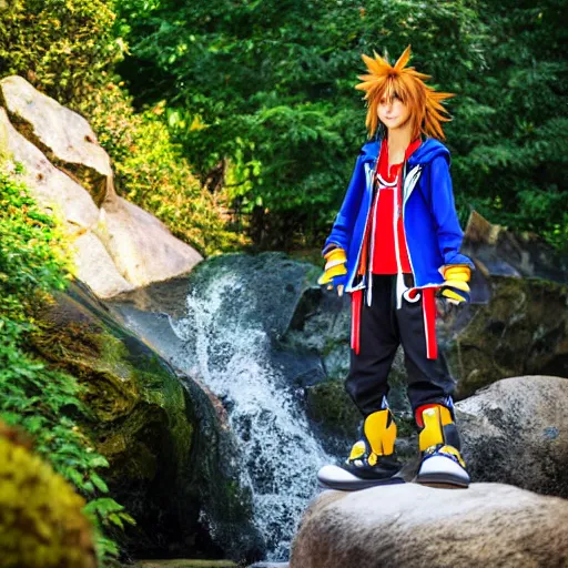 Image similar to kingdom hearts sora cosplay near waterfall low angle 85mm