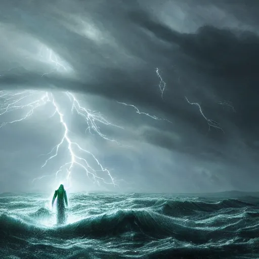 Prompt: cthulhu walking through the sea, waves crashing, gloomy weather, lightning from above, volatile weather, chaos mysterious, ultra - realistic, super - resolution, ultra - hd, insanely detailed, super detailed,
