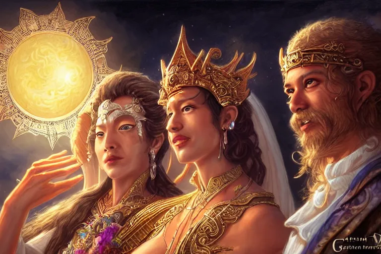 Image similar to close up moment of a divine a sun god and a moon goddess lovers magician at a wedding banquet, highly detailed, d & d, fantasy, highly detailed, digital painting, trending on artstation, concept art, sharp focus, illustration, art by artgerm and greg rutkowski and magali villeneuve