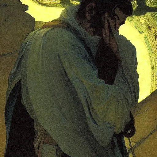 Image similar to A frightened young, thin and stern catholic priest in his thirties fervently praying as he is about to die from the ominous terrifying Lovecraftian yellow shadow descending upon him from the night sky. He is at the top of a medieval tower. Low angle, dramatic lighting. Art by Greg Rutkowski and Alphonse Mucha