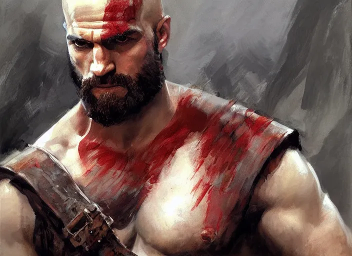 Image similar to a highly detailed beautiful portrait of henry cavill as kratos, by gregory manchess, james gurney, james jean