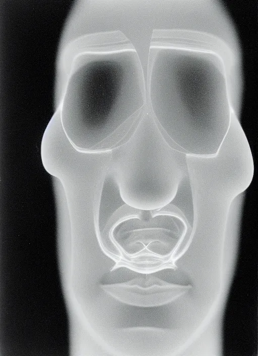 Image similar to realistic object photo of a face made pure transparent plastic white, bokeh, grain, man ray, x - ray, electronic microscope, front view, symmetric 1 9 9 0, life magazine photo