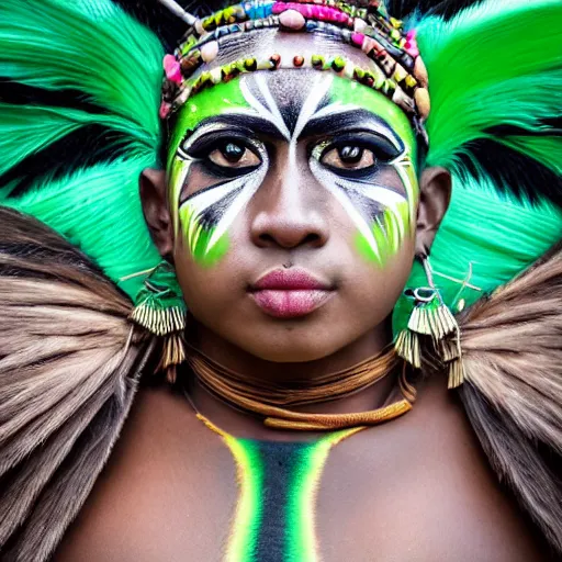 Image similar to minimalist photography portrait of an elaborately adorned female shaman warrior, face paint, symmetrical, super close up, mid thirties, cute round green slanted eyes, ebony skin, wide nostrils, chubby cheeks, high flat eyebrows, ethereal essence, angelic, leica 1 0 0 mm f 0. 8