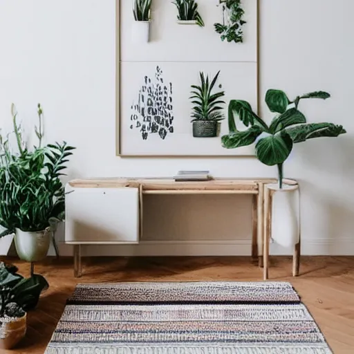 Image similar to minimalist mockup photo of large blank frame on floor with thin light wooden moulding, white background wall, boho carpet, one small potted plant, trending on etsy