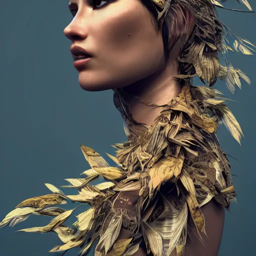 Image similar to a highly detailed digital image of a futuristic woman elegantly wrapped with leaves, by Andrea Chiampo, artstation and Frederik Heyman, extremely detailed woman, stunning volumetric lighting, hyper realism, fantasy 4k