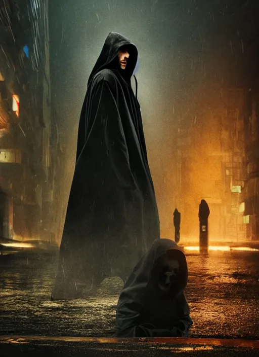 Image similar to dark figure wearing black robe with subtle trim gold accents hooded skull cyberpunk bladerunner 2049 movie still (2017)