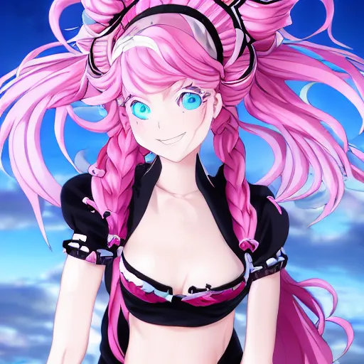 Prompt: stunningly beautiful omnipotent megalomaniacal anime goddess who looks like junko enoshima with porcelain skin, pink twintail hair and mesmerizing cyan eyes, symmetrical perfect face smiling in a twisted, mischievous, devious and haughty way while looking down upon the viewer, mid view, hyperdetailed, 2 d, 8 k
