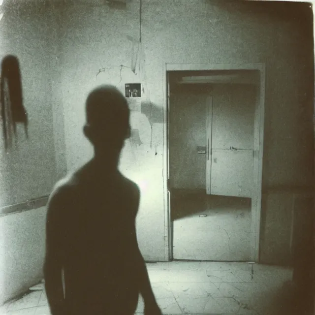 Image similar to found polaroid photo, flash, interior abandoned hospital, slime mutant creature standing