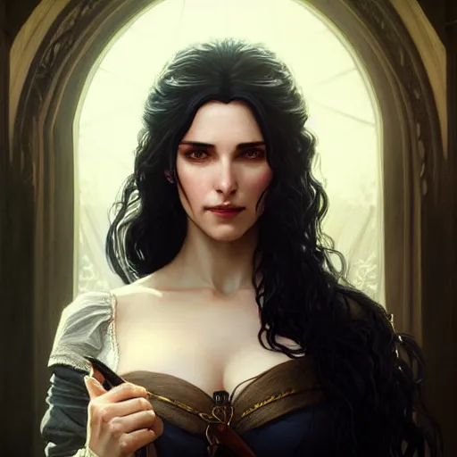 Prompt: portrait of Yennefer from the Witcher, D&D, fantasy, intricate, elegant, highly detailed, digital painting, artstation, concept art, matte, sharp focus, illustration, art by Artgerm and Greg Rutkowski and Alphonse Mucha