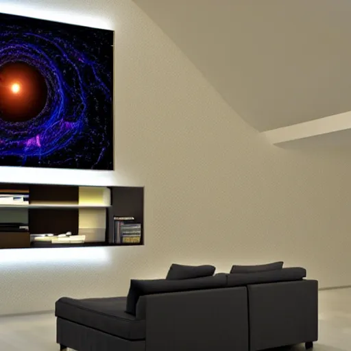 Prompt: modern house with a TV that is a wormhole to another house