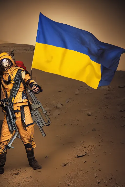 Image similar to ukranian infantry is fighting on mars, ukranian flag, dslr, 5 0 mm, f / 2. 8, studio lighting