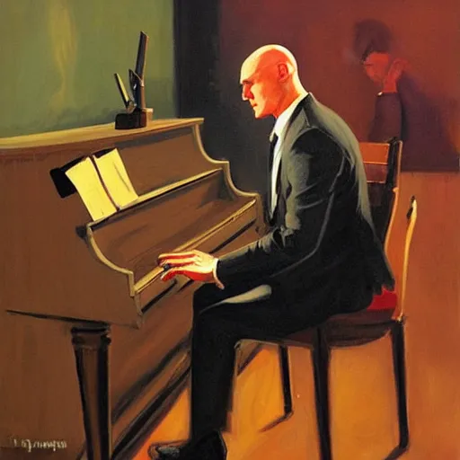 Image similar to agent 4 7 from hitman wearing headphones while playing a piano, by gregory manchess, james gurney, james jean