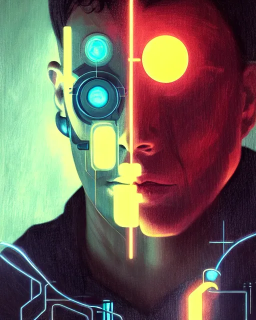 Image similar to symmetry!! centered, head on portrait of a man with face tattoos, sci - fi -, cyberpunk, blade runner, glowing lights, tech, biotech, techwear!! intricate, elegant, highly detailed, digital painting, artstation, concept art, smooth, sharp focus, illustration, art by artgerm and greg rutkowski and alphonse mucha