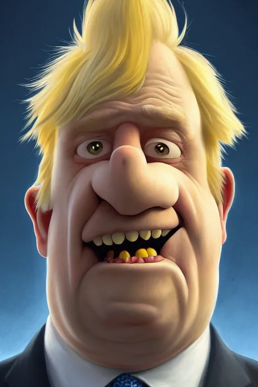 Image similar to Boris Johnson as a Simpsons character, realistic portrait, symmetrical, highly detailed, digital painting, artstation, concept art, smooth, sharp focus, illustration, cinematic lighting, art by artgerm and greg rutkowski and alphonse mucha