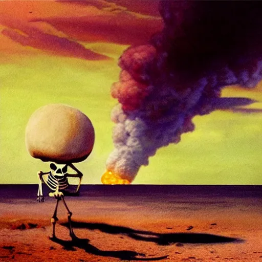 Image similar to a skeleton walking on a beach next to the ocean with nuclear bomb explosion in the background, a naturalism painting by Storm Thorgerson, featured on cg society, matte painting, realistic, chillwave, anatomically correct, light colors, photo-realistic mushroom-cloud in the background