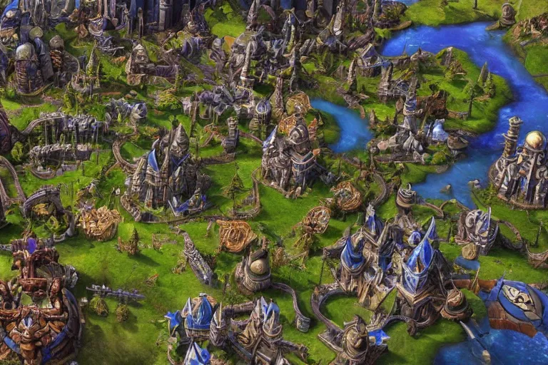 Image similar to a magnificent Warcraft-themed city. photorealism.