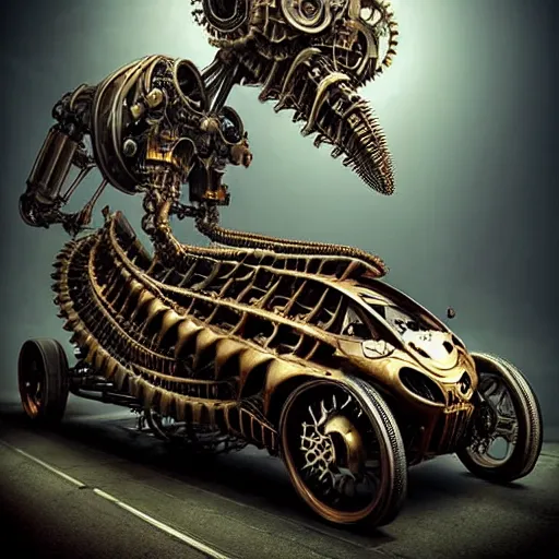 Image similar to biomechanical steampunk vehicle reminiscent of fast sportscar with robotic parts and (glowing) headlights parked in ancient lush palace, gothic and baroque, brutalist architecture, ultradetailed, creepy ambiance, fog, artgerm, giger, Intricate by Ellen Jewett and Josan Gonzalez and Giuseppe Arcimboldo