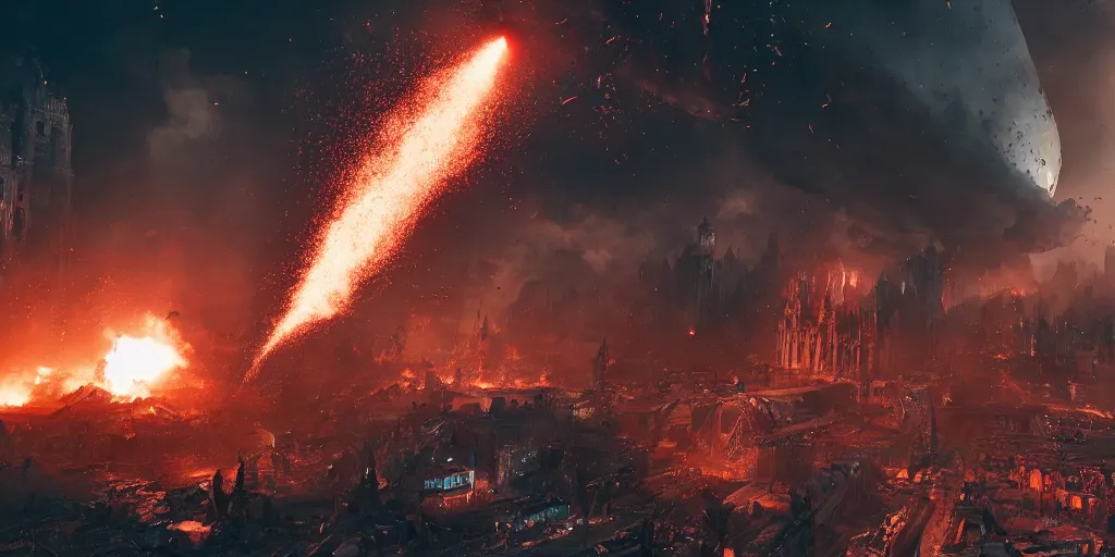 Image similar to a asteroid crashing in a gothic medieval cyberpunk city, giant explosion, fire, trail of smoke, high quality, detailed, 8k, unreal engine, octane render, trending on artstation