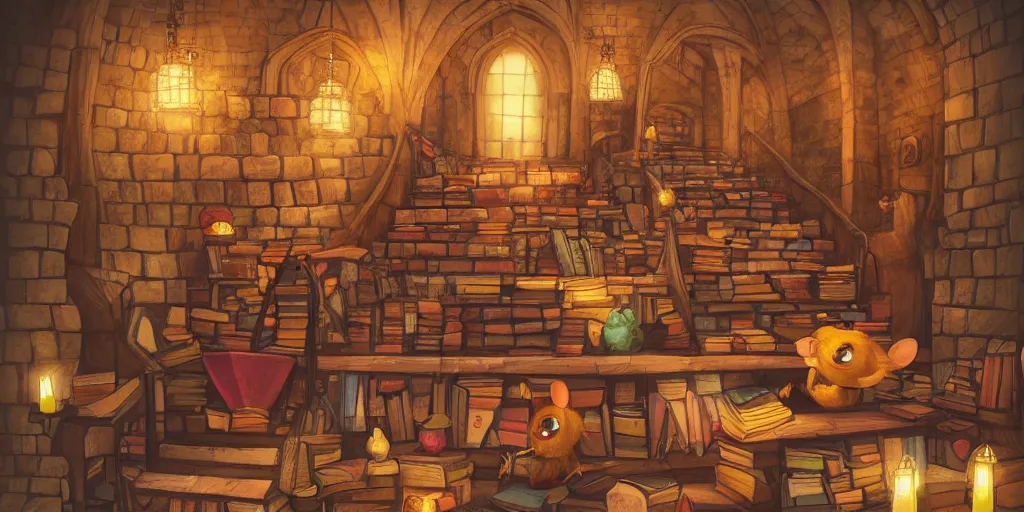 Prompt: vast library, cute chibi rat wizard, wizard hat, old wizard robe, bookshelves, wooden banks, wooden tables, stairway, mosaic stone floor, 3 d sculpture, 3 d cg, pixar, cel shading, celestial, majestic, cinematic light, candles, chandelier, lanterns, soft light