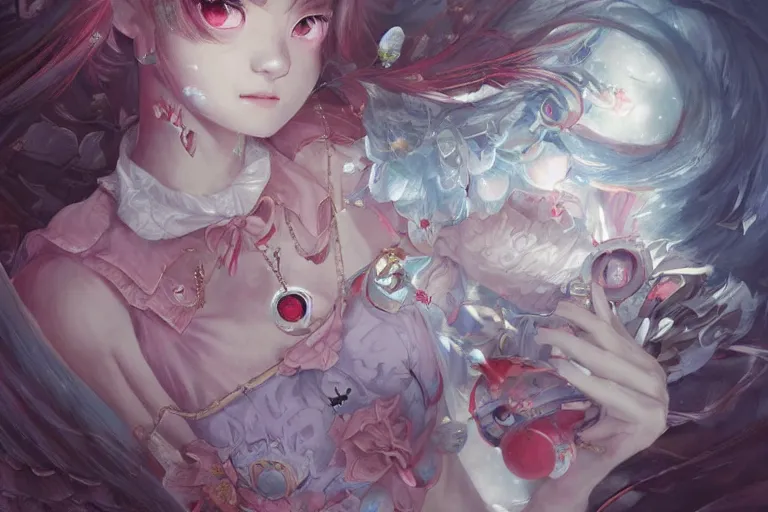 Prompt: hyperrealistic photography of a mahou shoujo in the style of jin kagetsu inside a castle of play cards, james jean and wlop, highly detailed, sharp focus, intricate concept art, digital painting, ambient lighting artstation