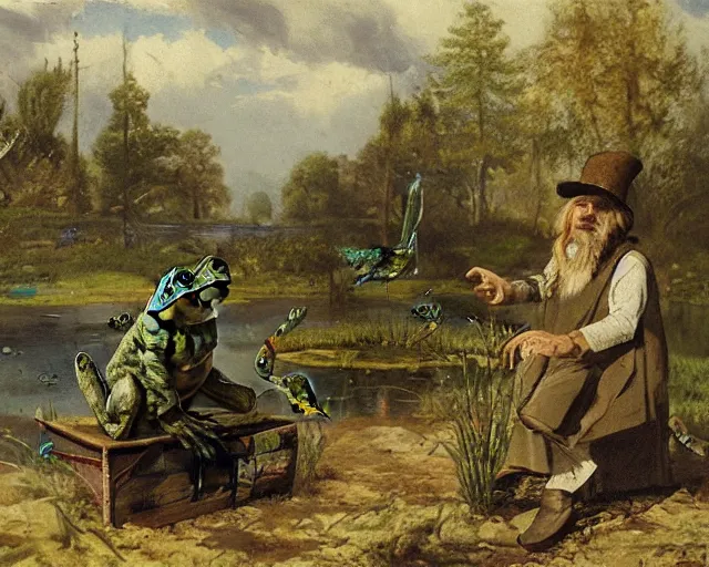 Prompt: frog wizard selling magical wares on a stand next to a pond by achenbach, andreas