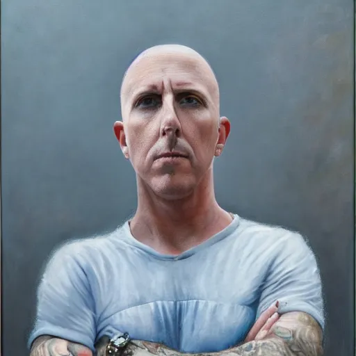 Image similar to stunning serene portrait of Maynard James Keenan starring straight ahead, giving the peace sign, by Mark Arian, oil on canvas, masterpiece, realism, piercing gaze, mercurial bokeh