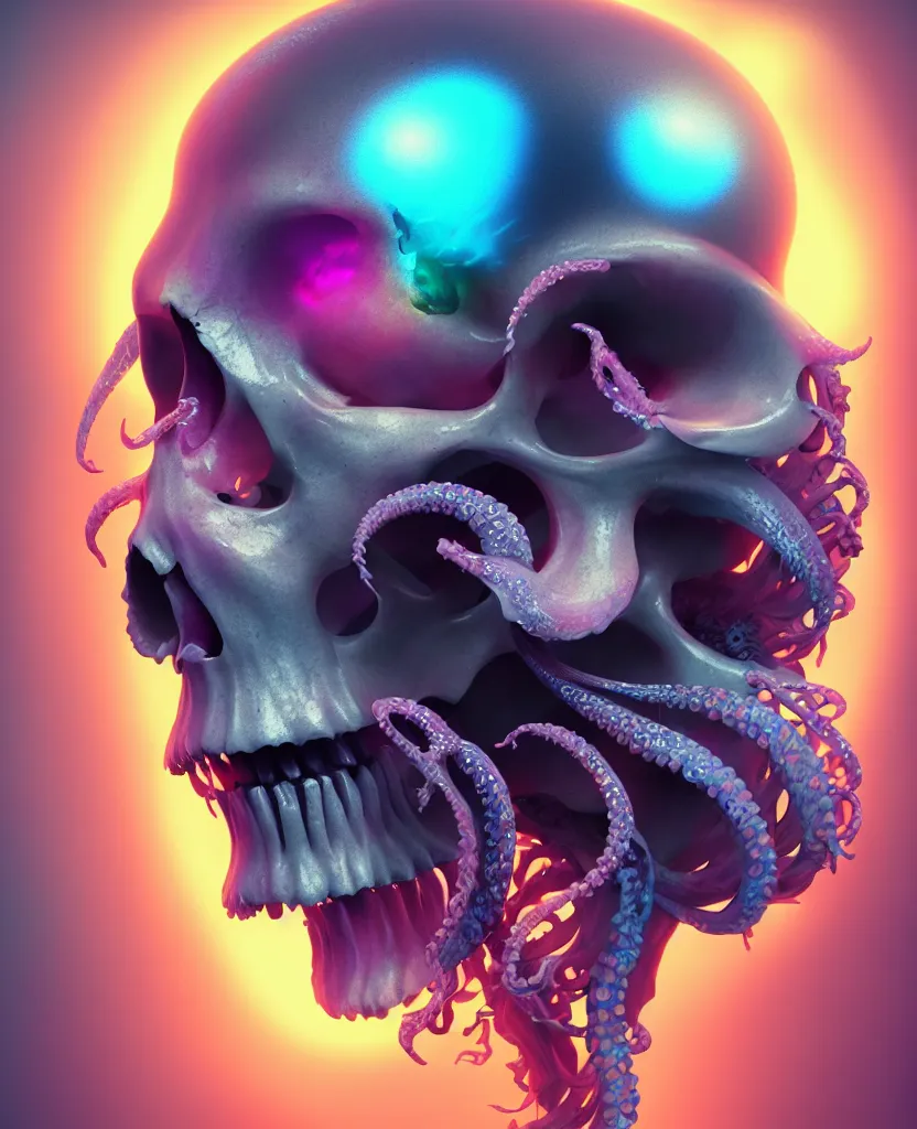 Image similar to goddess close - up portrait human skull, ram skull, squid phoenix jellyfish, orchid, betta fish, bioluminiscent, intricate artwork by tooth wu and wlop and beeple. octane render, trending on artstation, greg rutkowski very coherent symmetrical artwork. cinematic, hyper realism, high detail, octane render, 8 k