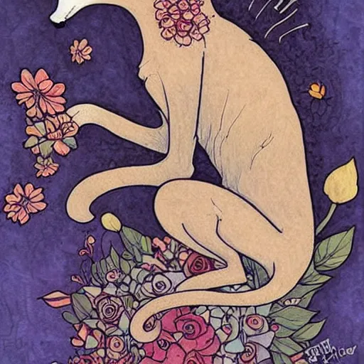 Prompt: cat smelling flowers, in the style of chiara bautista, mucha