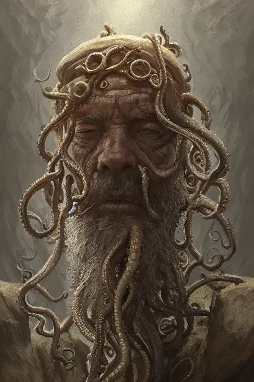 Image similar to portrait of an old fisherman with tentacles growing on him, eldritch, d & d, face, fantasy, intricate, elegant, highly detailed, digital painting, artstation, concept art, smooth, sharp focus, illustration, art by greg rutkowski