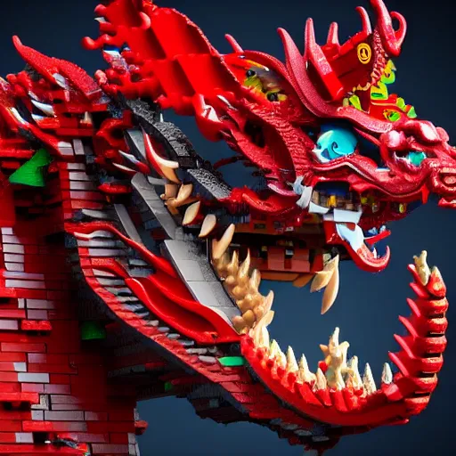 Image similar to A chinese dragon made of legos, octane render, zbrush, trending on artstation, 4k