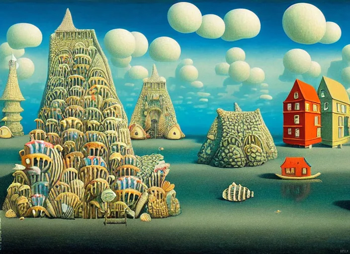 Image similar to underwater city with fish citizens inside!! the seashell, small scandinavian houses, little people!!, by jacek yerka by magritte, surrealistic painting, masterpiece, oil painting, sharp focus, highly detailed, intricate, smooth, 8 k,