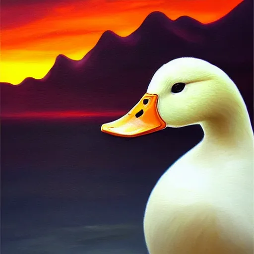 Image similar to extremely beautiful painting of a white duck in a sunset on a mountain, dynamic composition, dramatic lighting, stylized portrait, painting by artgerm, dungeons and dragons, visible brush strokes, trending golden color scheme