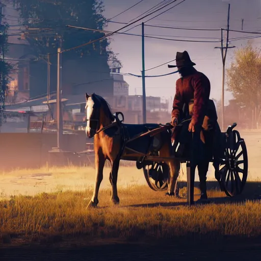 Image similar to Amish man horse cart. Cyberpunk 2077. CP2077. 3840 x 2160