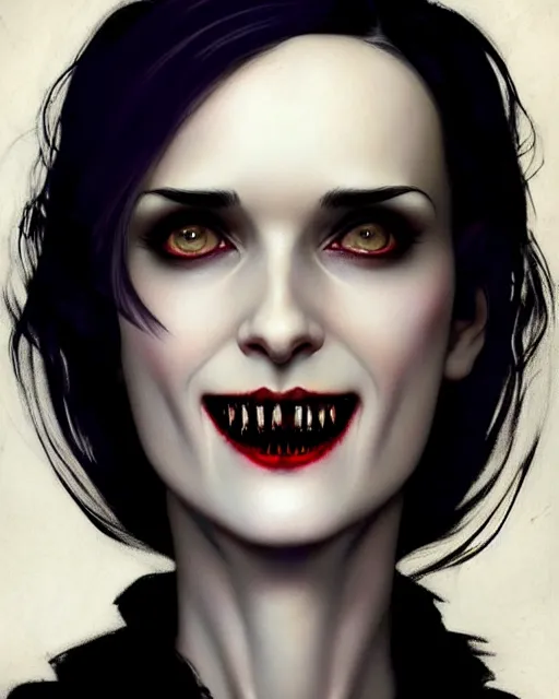Prompt: gorgeous female Winona Ryder vampire sharp teeth in a confident dress, full body, realistic character concept, medium shot, elegant pose, horror, illustration, slender symmetrical face and body, symmetrical eyes, artstation, cinematic lighting, hyperdetailed, Tom Bagshaw, artgerm, Norman Rockwell, single face, insanely detailed and intricate, beautiful, elegant, dark blue background