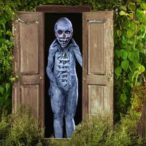 Prompt: looking out of your window and nightmare fuel standing in your garden at night, photo