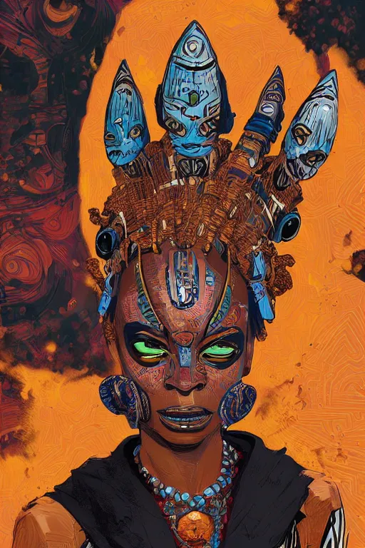 Prompt: A portrait painting titled 'Face of sadness' description 'Order of the occult zulu princess', afrofuturism zulu voodoo mask that looks like it is from Borderlands, portrait painting, character design by Feng Zhu and Loish and Laurie Greasley, Victo Ngai, Andreas Rocha, John Harris