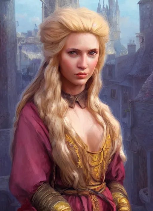 Image similar to blonde peasant woman, fantasy, medieval, vivid colors, fantasy, elegant, concept art, sharp focus, beautiful face!!, digital art, hyper - realistic, 4 k, unreal engine, highly detailed, hd, dramatic lighting by brom, trending on artstation