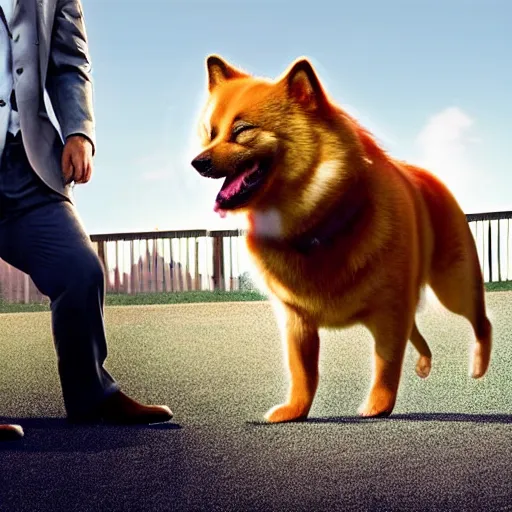 Prompt: Saul Goodman playing with a pomerania dog, open shot, movie still, outdoors, photorealistic, clean, detailed