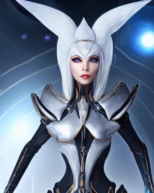 Image similar to perfect white haired attractive egyptian goddess, warframe armor, beautiful, symmetric, dreamy, half asian, pretty face, blue eyes, charlize theron, detailed, scifi platform, laboratory, experiment, 4 k, ultra realistic, epic lighting, android body, illuminated, cinematic, masterpiece, art by akihito tsukushi, voidstar