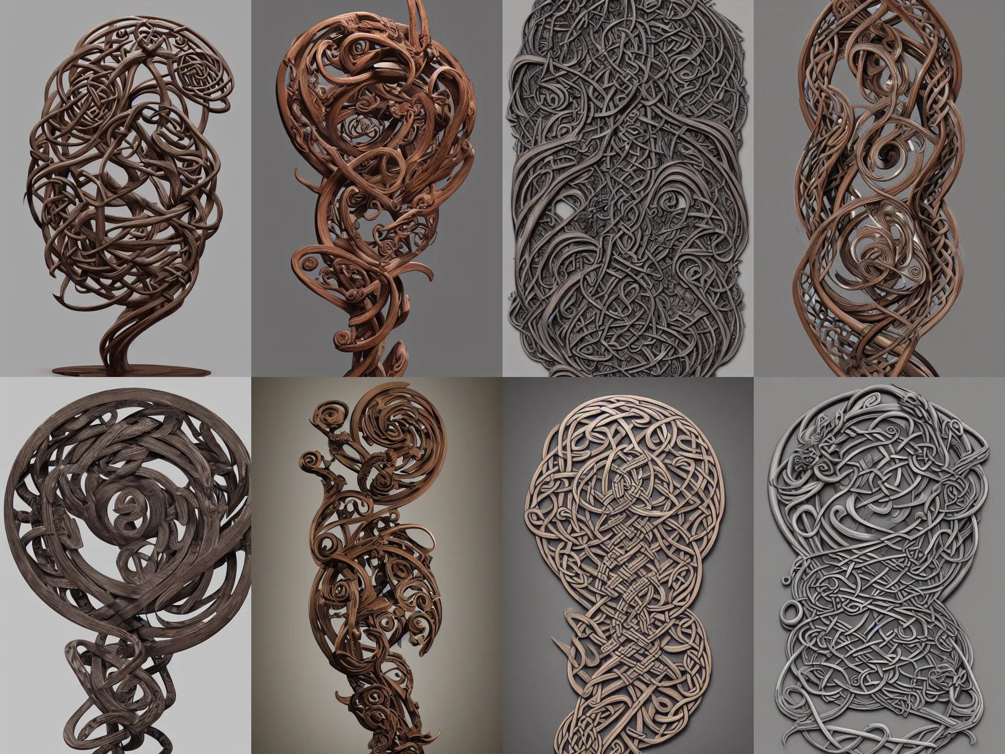 Prompt: full view of a swirling wood celtic sculpture with a few braches and leaves, light grey background, art by James Jean and Wayne Barlowe, high detail, cinematic, cgsociety 8k