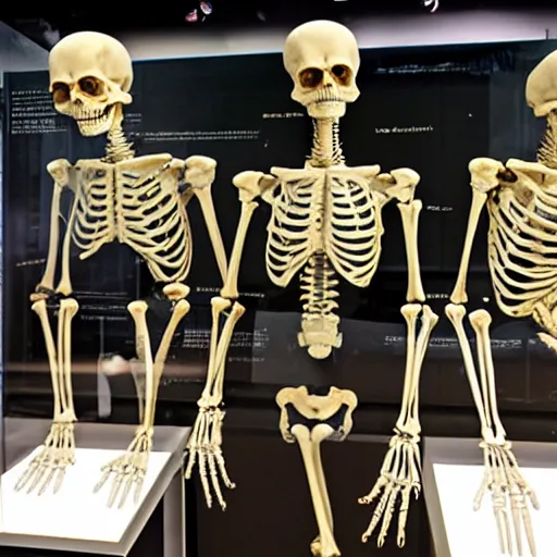 Prompt: human skeleton in alien museum exhibit