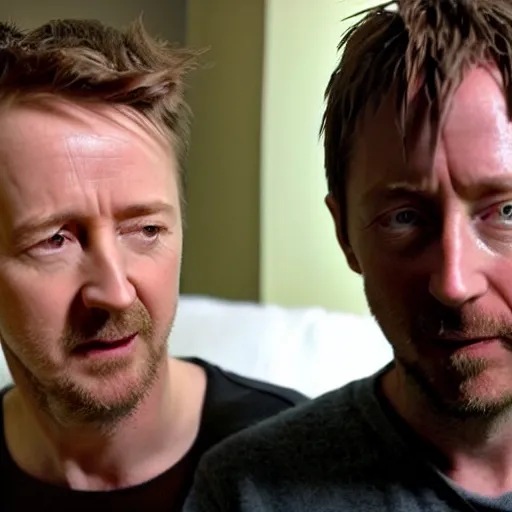 close up image of edward norton lying to thom yorke, Stable Diffusion