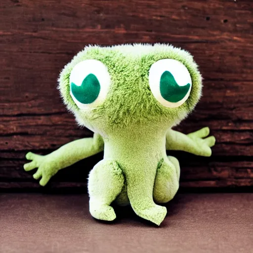Image similar to cute fluffy plushie frog, cutecore, shaggy, stuffed animal photography,