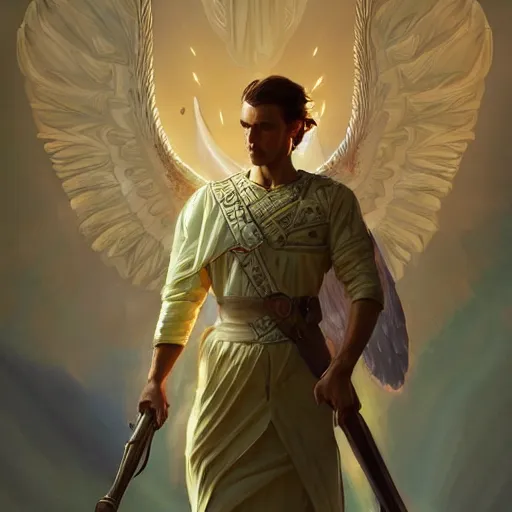 Image similar to Damat, guardian angel of travelers, olive skinned, sumerian, D&D, highly detailed, digital painting, artstation, concept art, sharp focus, illustration, cinematic lighting, art by artgerm and greg rutkowski and alphonse mucha