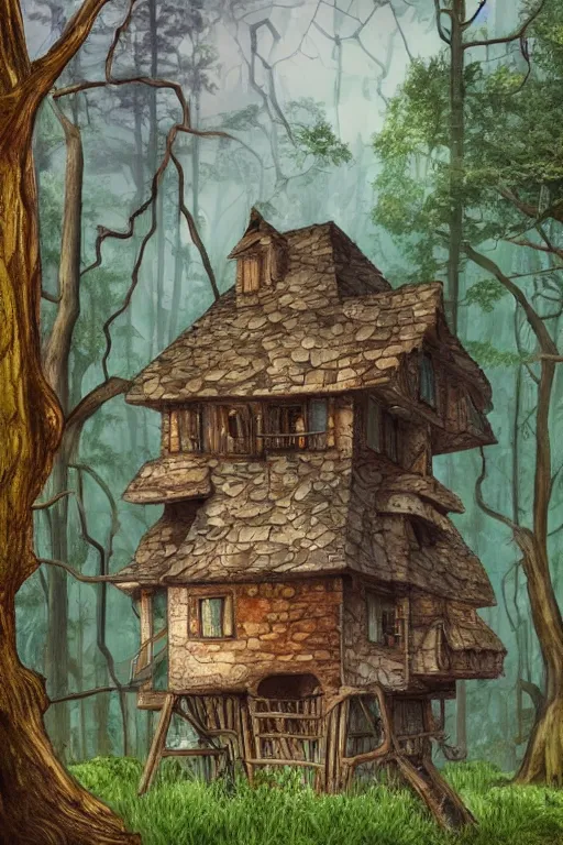 Prompt: Ultra realistic illustration of a ramshackle multistory fairytale hut in the forest