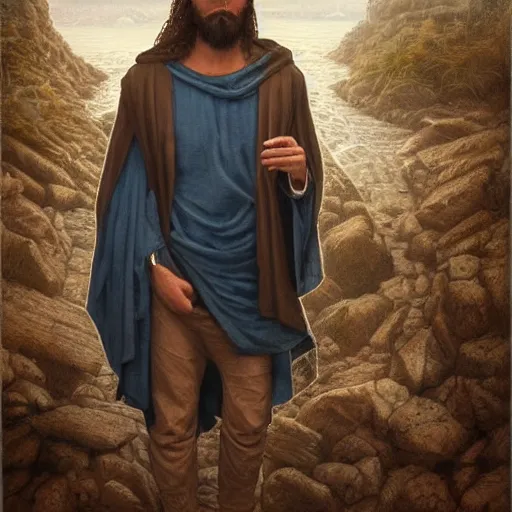 Prompt: a detailed full body matte painting portrait of a ridiculously good looking hipster jesus with long braided and curly hair, elegant ancient greek dress with a hoodie, coast as the background, drinking espresso at a cafe in jerusalem, wearing a jean jacket and a beenie, waxed beard, very detailed, beautiful, intricate, art by greg rutkowski and rembrandt, octane render